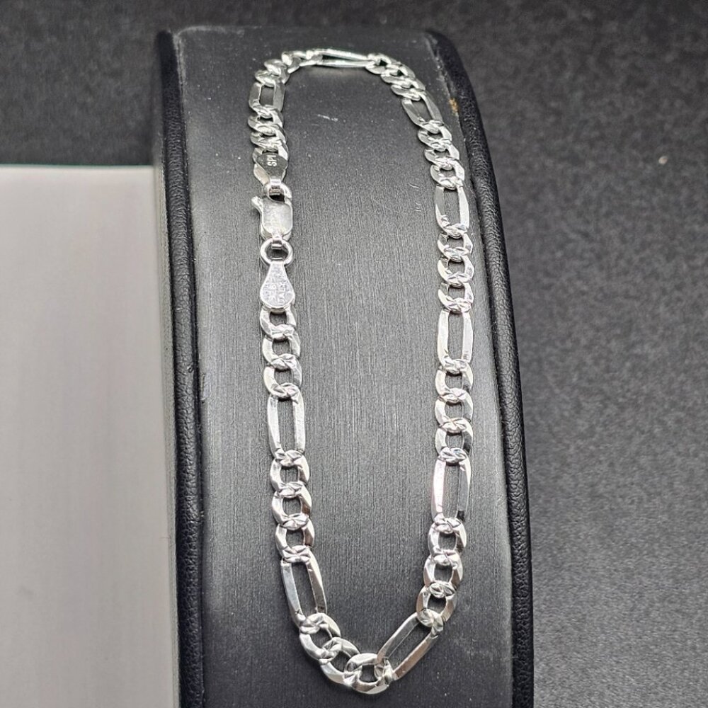 Sterling Silver 925 High Polished Diamond Cut Double Sided Figaro Bracelet 4.9mm